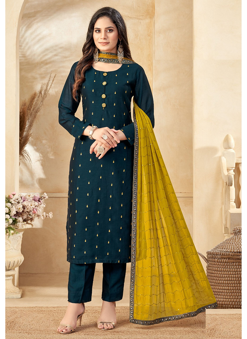 Blue Designer Readymade Pant Suit With Embroidery Work main image 1
